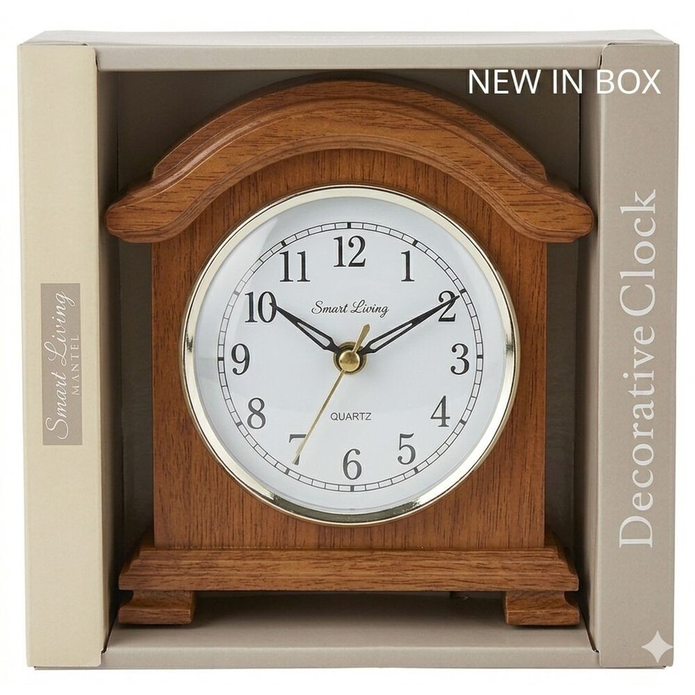 Smart Living Decorative Mantel Clock – Wood Look Desk Shelf Clock – New in Box